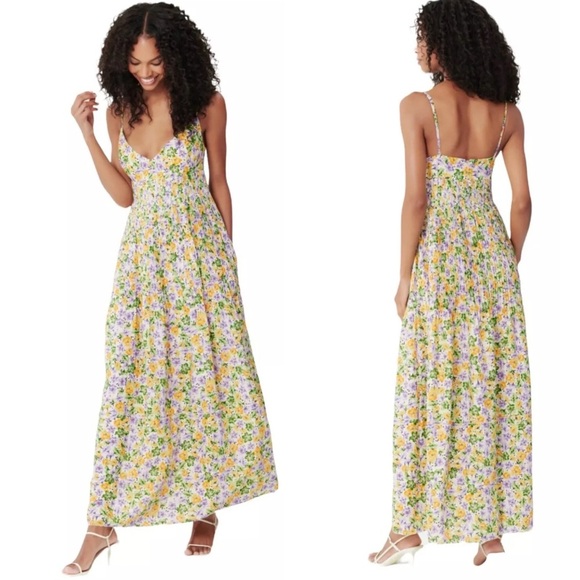 Nicholas Susan Pleated Floral Print A-Line Sleeveless Linen Maxi Cocktail Dress - Picture 3 of 15